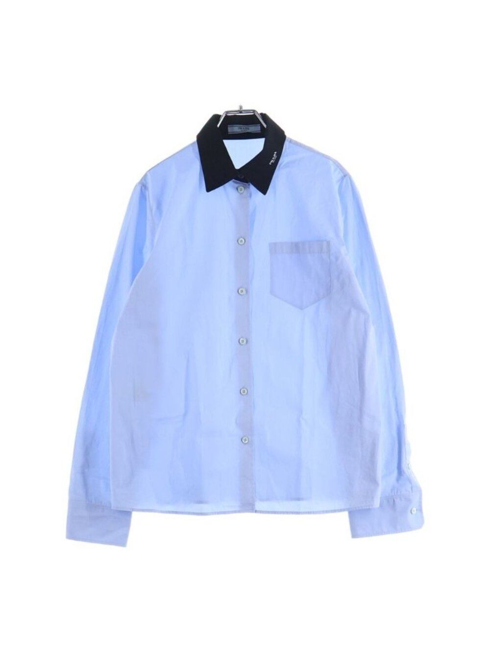 Prada Collar Logo Print Bicolor Cleric Long Sleeve Shirt Blue